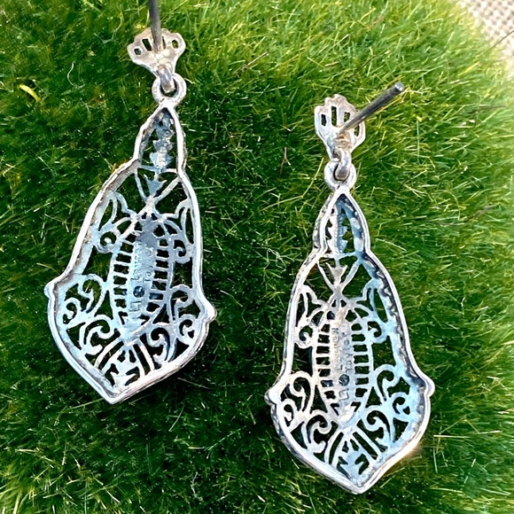 Ornate Vintage Filigree Sterling Silver and Diamond or Sapphire Earrings - Picture 3 of 8